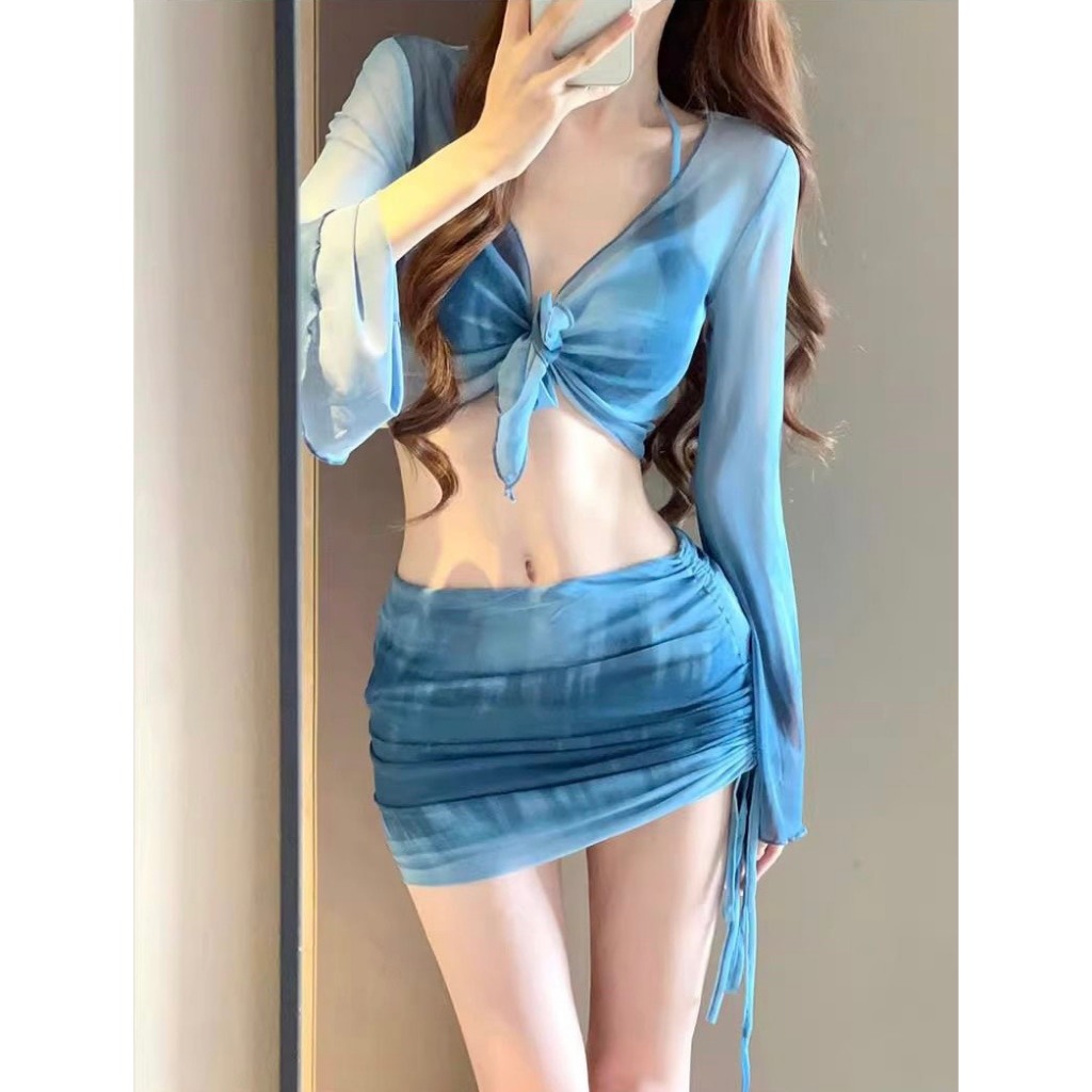 Set bộ đồ bơi bikini 4 chi tiết kèm áo choàng dài tay phối chân váy dây rút ôm body sexy có đệm ngực HMH BKN47 | BigBuy360 - bigbuy360.vn