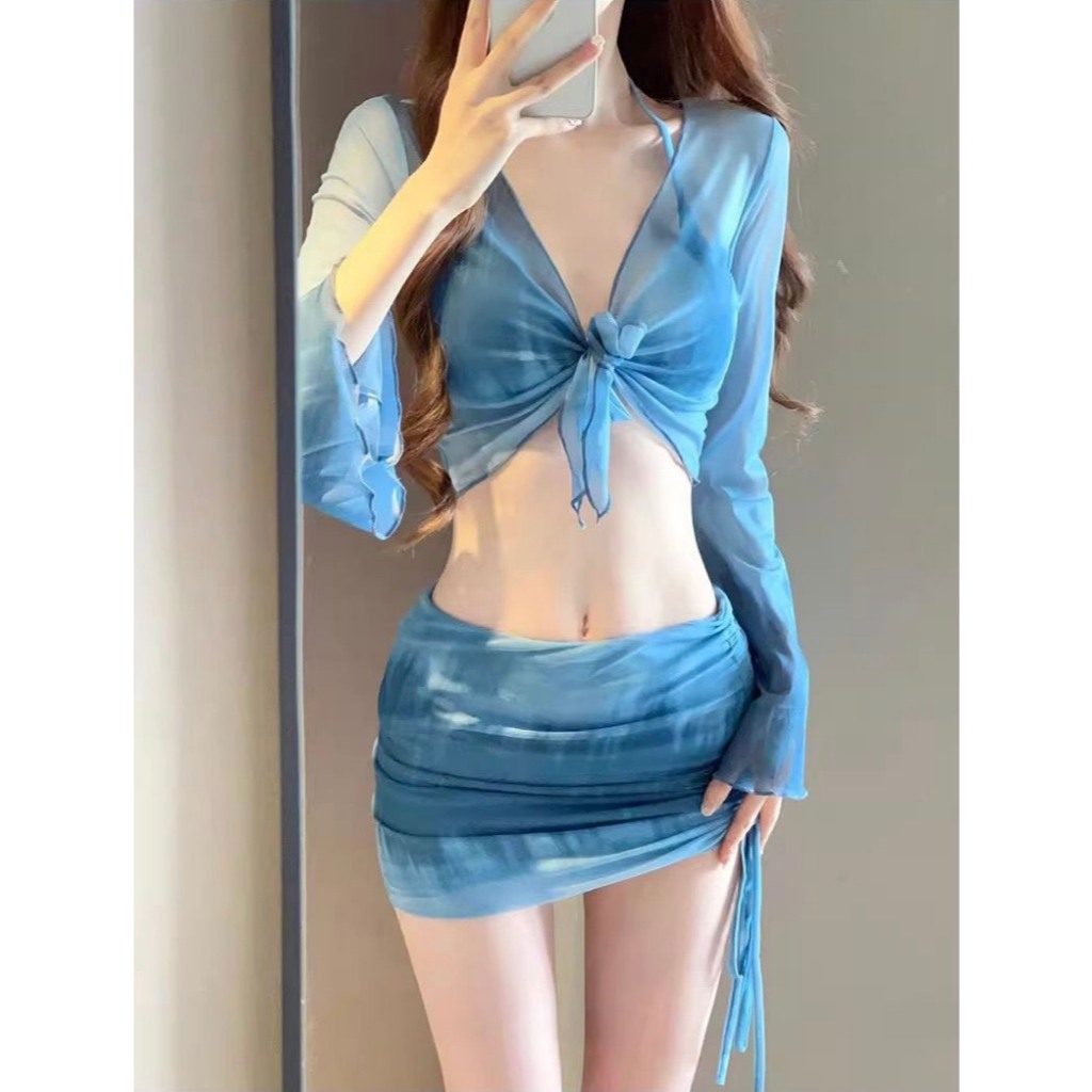 Set bộ đồ bơi bikini 4 chi tiết kèm áo choàng dài tay phối chân váy dây rút ôm body sexy có đệm ngực HMH BKN47 | BigBuy360 - bigbuy360.vn