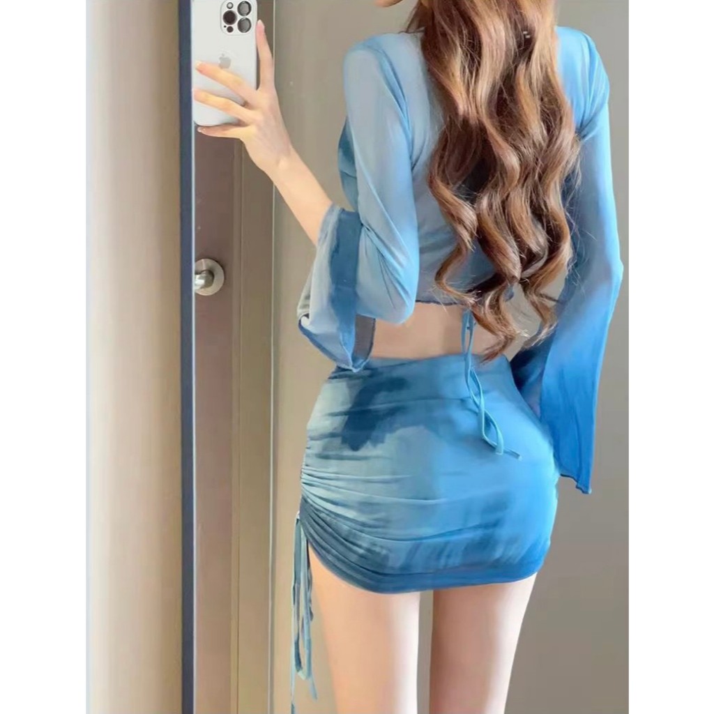 Set bộ đồ bơi bikini 4 chi tiết kèm áo choàng dài tay phối chân váy dây rút ôm body sexy có đệm ngực HMH BKN47 | BigBuy360 - bigbuy360.vn