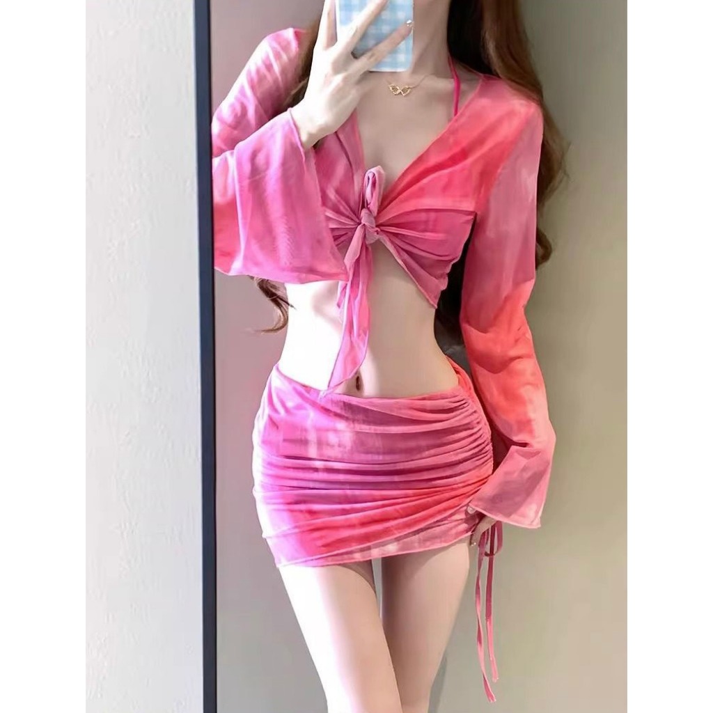 Set bộ đồ bơi bikini 4 chi tiết kèm áo choàng dài tay phối chân váy dây rút ôm body sexy có đệm ngực HMH BKN47 | BigBuy360 - bigbuy360.vn