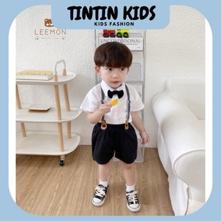  Sét bộ công tử 3 chi tiết phối nơ đai trắng đen cho bé trai 7-16kg