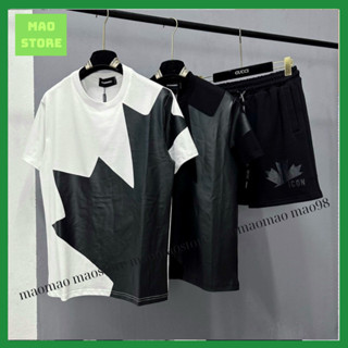 Bộ Đồ Nam Cộc Tay Mặc Hè DSQ Cotton In Logo Lá Phong Đen Nửa Thân Phối Quần Nỉ Dây Rút Dệt Chữ Dành Cho Boy Phố Đi Chơi