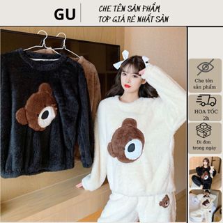 Bộ Bông Gấu Nâu, Bộ Đồ Ngủ Lông Nỉ Nam Nữ Giữ Nhiệt Mặc Nhà Siêu Ấm Có Size 137