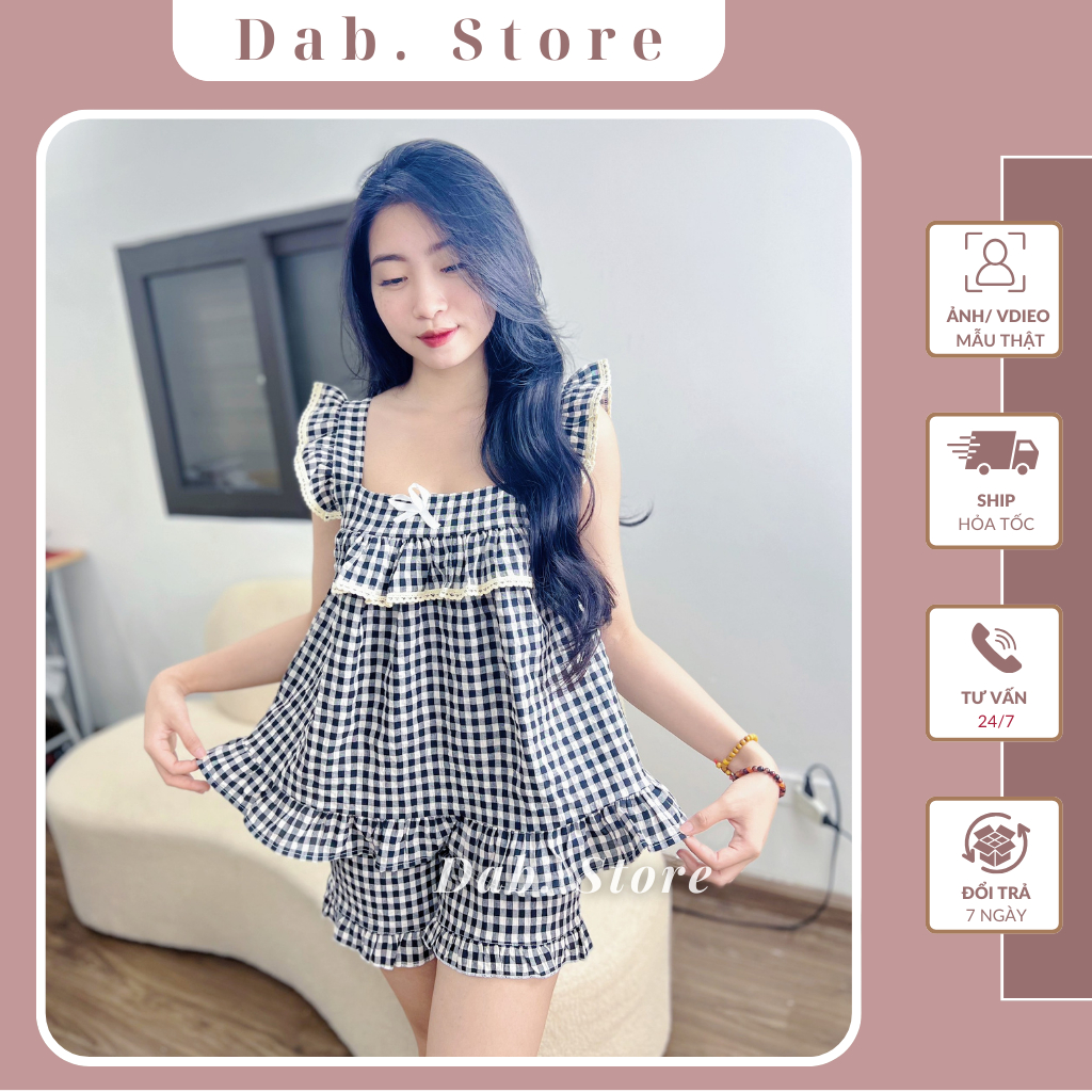 Bộ Đồ Ngủ Nữ, Đồ Bộ Mặc Nhà Bánh Bèo Phối Nơ Dáng Áo Babydoll 2 Dây Chất Đũi - Dab Store