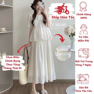 Set áo + chân váy voan kem trắng , form dễ mặc thoải mái & sau sinh