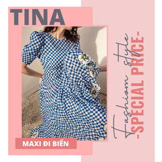 Đầm biển có tay Topshop caro in hoa bông chân váy, tay bồng, cổ tròn, dày dặn mịn tay co giãn nhẹ tùng ráp xòe dáng dài