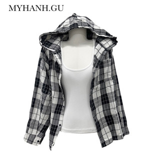 Sơ mi gài nút có nón sọc caro trắng đen - myhanh.gu