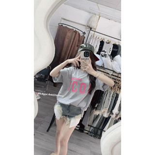 Áo thun icon chữ hồng dập nổi cao su nổi chất cotton