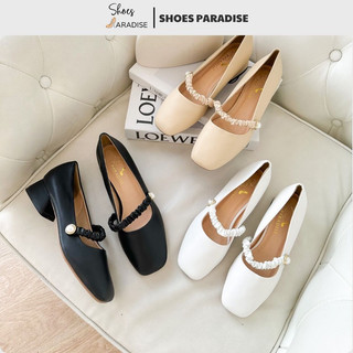 Giày cao gót lolita đế thấp quai nhún phong cách cổ điển đi học đi làm đi chơi màu kem trắng đen shoes paradise l054