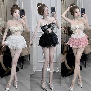 Set áo cup ren đính hoa chân váy tơ xoè tầng tiểu thư