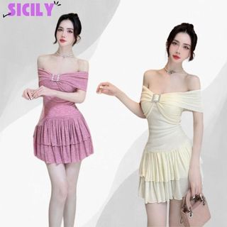 Đầm thun trễ vai gắn tag đá Sicily váy ôm body dáng xòe 2 tầng VTV606