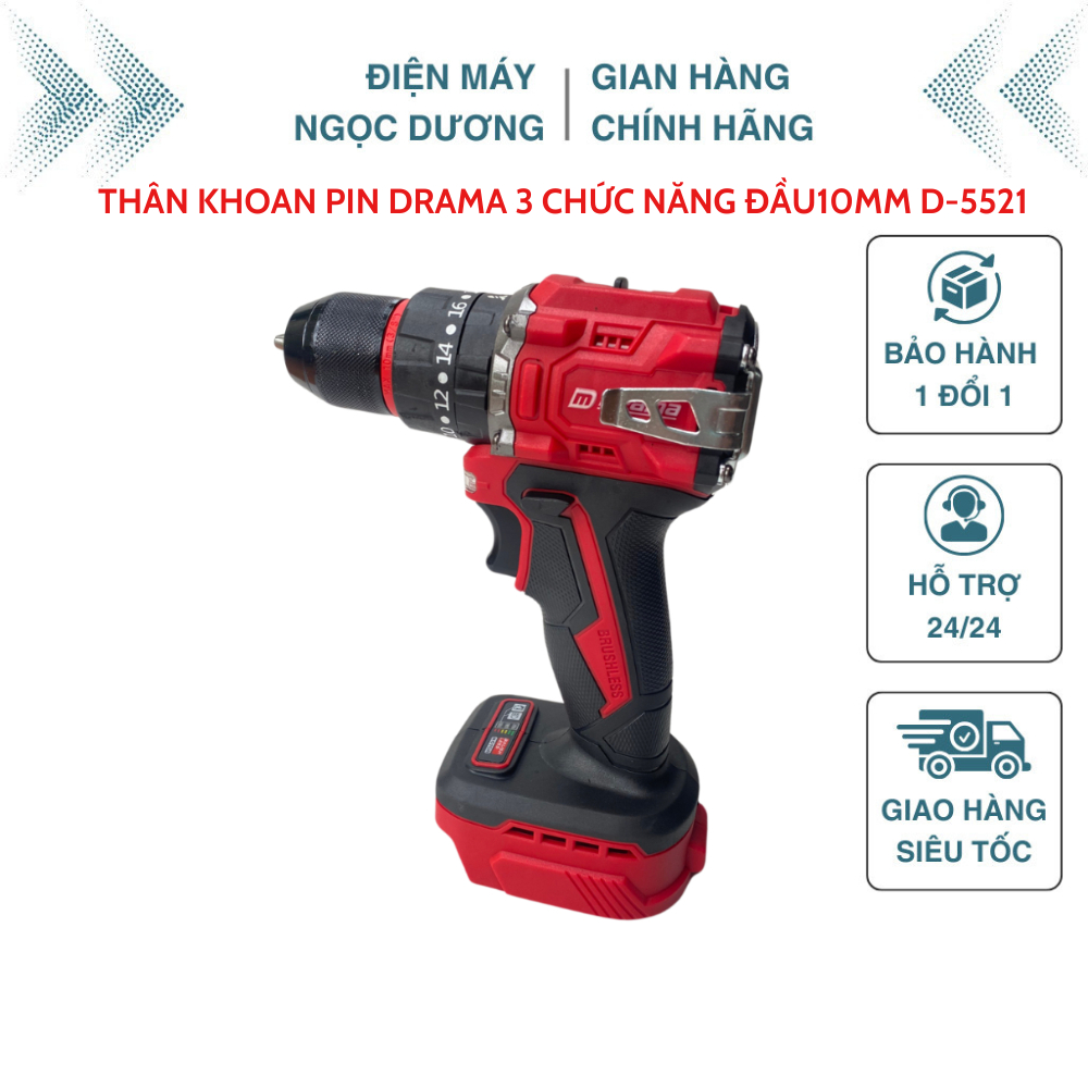 Thân Máy Khoan Pin DRAMA D5521,Đầu kẹp Autolock 10mm , INOX bọc đít có móc cài chân pin phổ thông