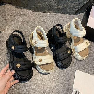 Sandal quai dán phối khuy đế xuồng 7cm thời trang êm nhẹ 2024