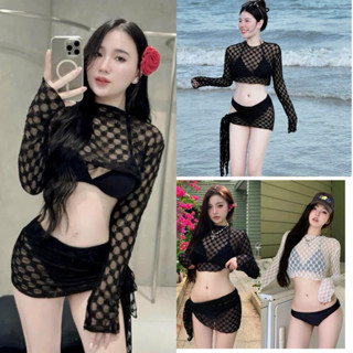 Set bikini 4 chi tiết ren lưới ô vuông Hàng cao cấp S38