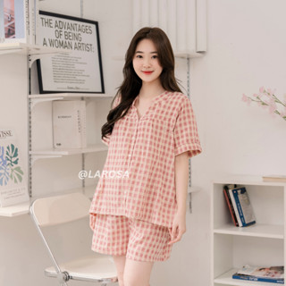 Đồ Bộ Bầu Và Sau Sinh Cổ Tàu Mẫu Mới Mùa Hè 2025 Larosa Mặc Nhà Vải Caro Labee  - LR021B