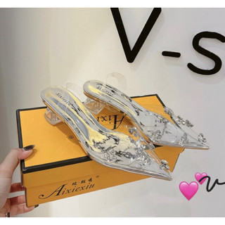 Sandal mica đính đá pha lê gót thấp hot nhất