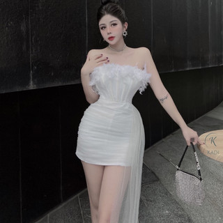 Đầm cúp ngực Kadi Store đính lông vũ sang trọng chất lụa lót mềm phối von kim sa ngoài co giãn 4 chiều có tà