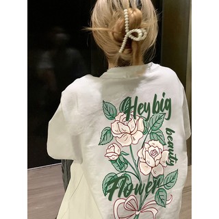 2024 vintage Trắng Áo phông nữ form rộng Hoa hồng in hình bigsize cổ tròn áo thun 100%cotton local brand tay lỡ