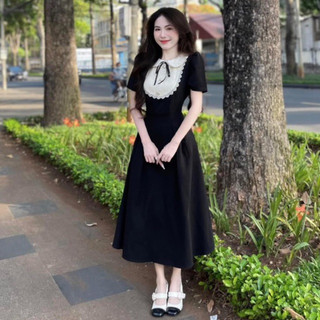 Đầm đen xoè phối ren đính nơ kết nút