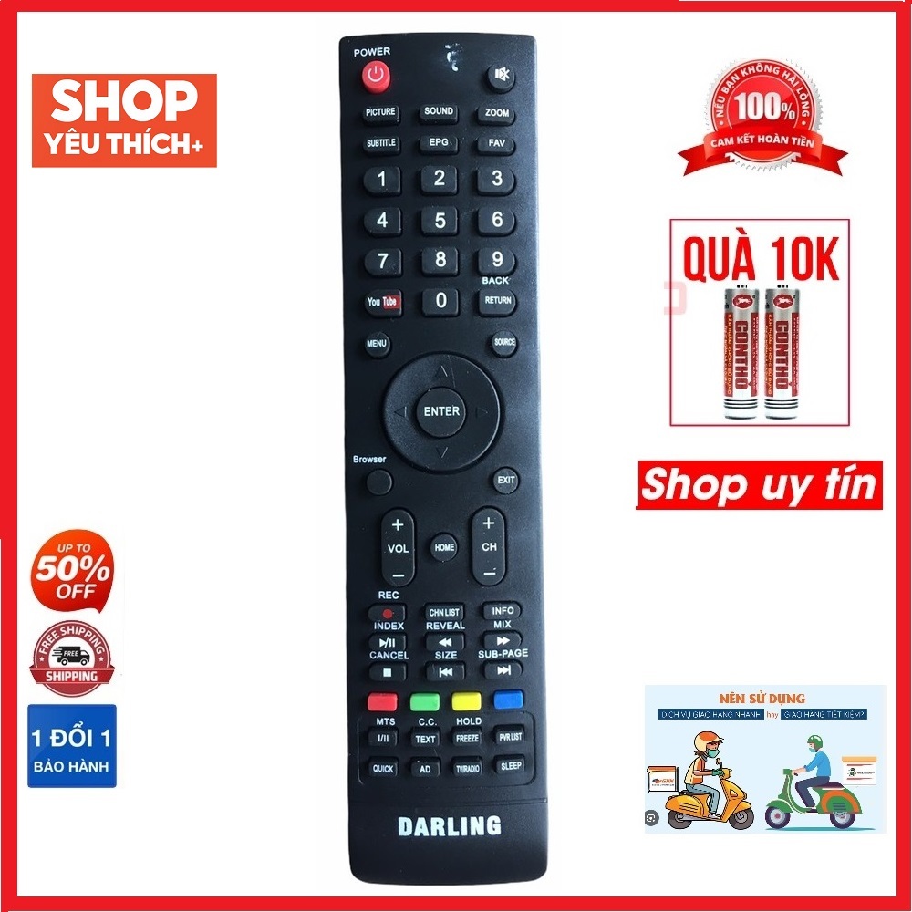 Điều khiển tivi Darling nút Youtube mé bên trái  loại tốt theo máy