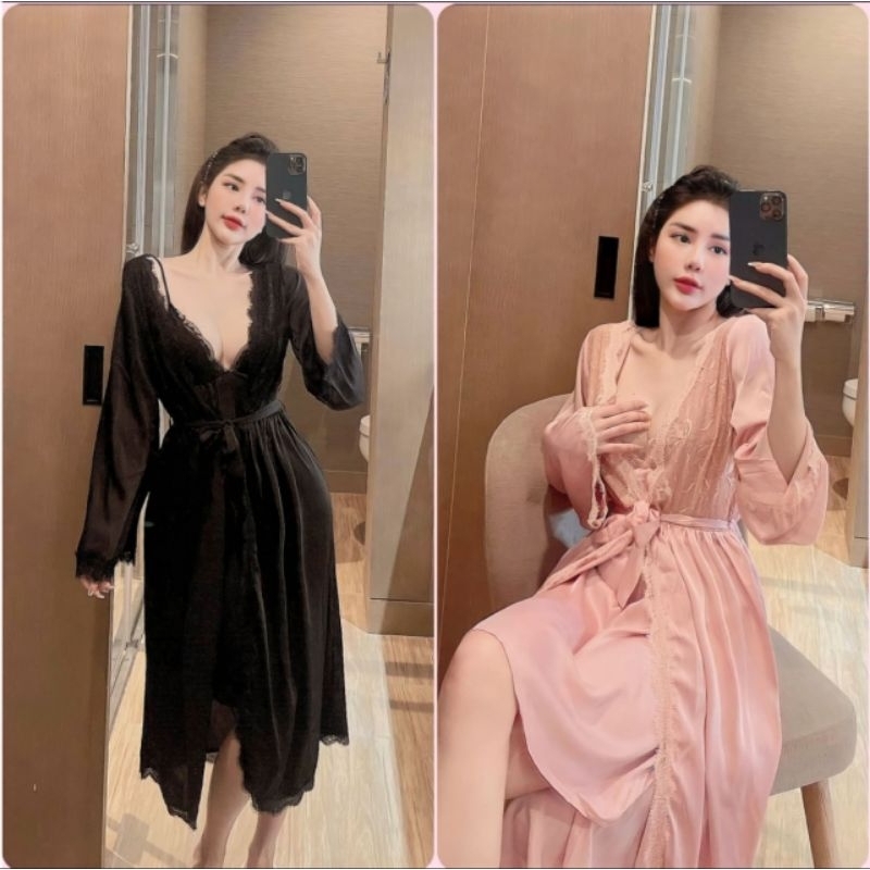 Đầm Ngủ 2 Dây Phối Ren Sexy Kèm Áo Choàng Dài Lụa Cao Cấp Freesize