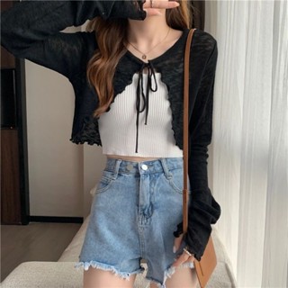 Áo len dệt kim mỏng có nơ siêu dễ thương Áo len dệt kim dài tay phong cách Hàn Quốc Áo sơ mi đi chơi cổ điển Q605