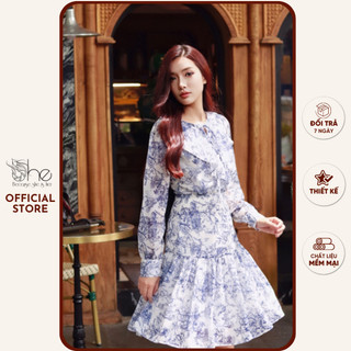 Đầm đi biển xanh dương đuôi cá She, váy hoa nhí tiểu thư cổ bèo đi tiệc, đi làm SDX177
