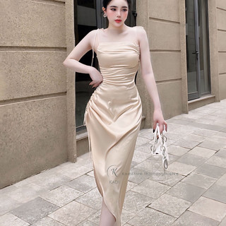 Váy lụa Kadi Store dây rút sườn có thể tuỳ chỉnh độ xẻ thiết kế trẻ trung sang trọng phù hợp đi chơi, tiệc tùng