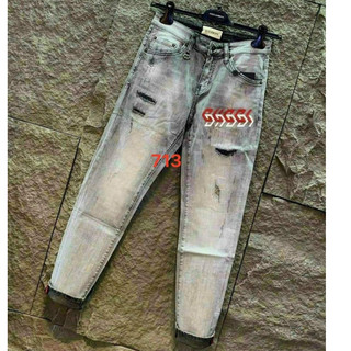 Quần jean nam xanh nhạt, rách 2 gối, gấu cắt, form chuẩn có ảnh chụp thật lun ạ