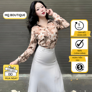 Áo sơ mi lụa hoa nữ lụa dài tay cao cấp công sở họa tiết hoa lá nâu lụa Nhật, áo sơ mi họa tiết thiết kế MQ Boutique