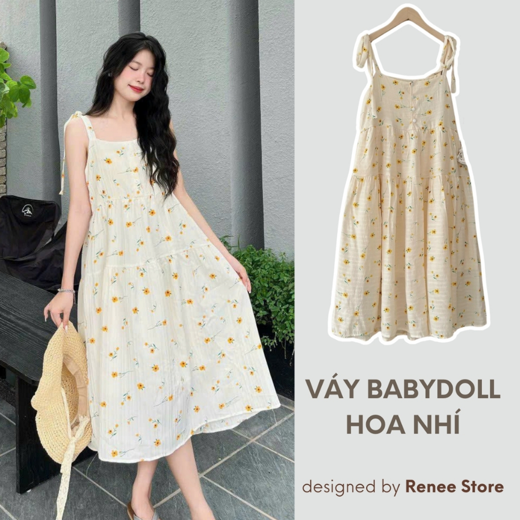 [ẢNH THẬT] Váy hai dây hoa nhí, đầm babydoll buộc nơ vai chất đũi mềm hai lớp thời trang đi biển - V311 | BigBuy360 - bigbuy360.vn