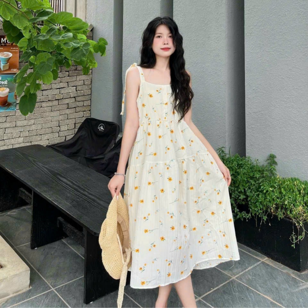 [ẢNH THẬT] Váy hai dây hoa nhí, đầm babydoll buộc nơ vai chất đũi mềm hai lớp thời trang đi biển - V311 | BigBuy360 - bigbuy360.vn