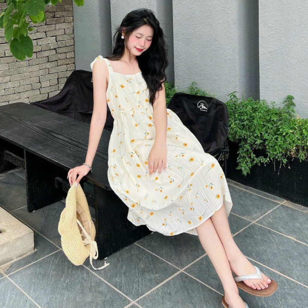 [ẢNH THẬT] Váy hai dây hoa nhí, đầm babydoll buộc nơ vai chất đũi mềm hai lớp thời trang đi biển - V311 | BigBuy360 - bigbuy360.vn