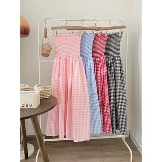 「PAWSPACE」 Đầm ống Maxi quây ngực dáng dài kẻ Caro bo chun, váy dáng xoè mùa hè phong cách Hàn Quốc KORA DRESS  - D041