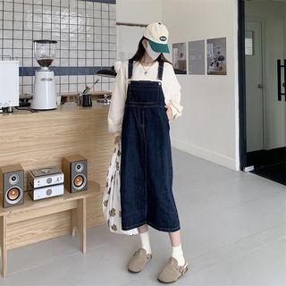 [Sẵn size S-2XL] Đầm yếm jeans Jolii.sg túi to dài suông basic dài trơn năng động Hàn Quốc