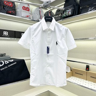 Áo sơ mi trắng nam nữ tay ngắn RLX vải lụa trơn thêu logo hình ngựa chiến binh ngực dáng basic SMC46P