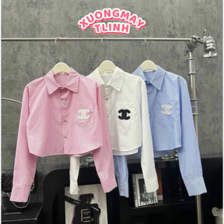 Áo sơ mi thô dài tay dáng croptop 3 màu, Áo sơ mi nữ dài tay kẻ sọc siêu xinh