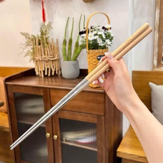 Set 2 đôi đũa xào inox, tay cầm gỗ