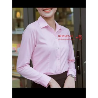 SỢI TRE. Áo sơ mi nữ Thái Hòa hồng trơn chất sợi tre co giãn.