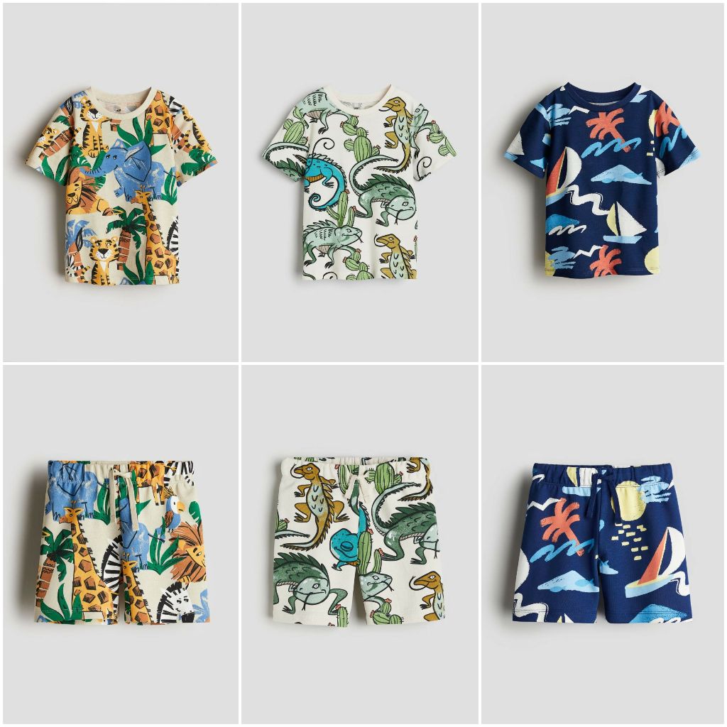 Áo phông quần sooc xanh navy thuyền động vật thằn lằn HM H&M_authentic