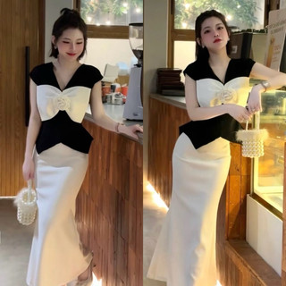 Hình chụp thật - set áo nơ đính hoa phối chân váy lụa dáng dài sang chảnh chất đẹp