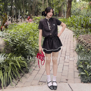 Set áo cổ tàu kẻ sọc đen xám thêu tay nơ bo chun eo buộc dây phối quần sooc ngắn (ảnh thật tự chụp)