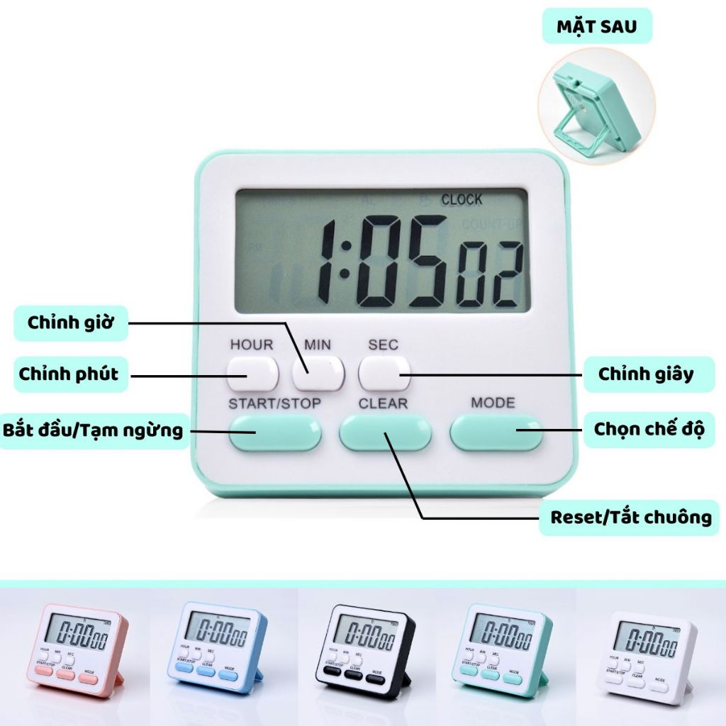 Đồng hồ báo thức để bàn mini Pkbeoshop đồng hồ bấm giờ đếm ngược màu pastel màn hình điện tử LCD ZK-2206