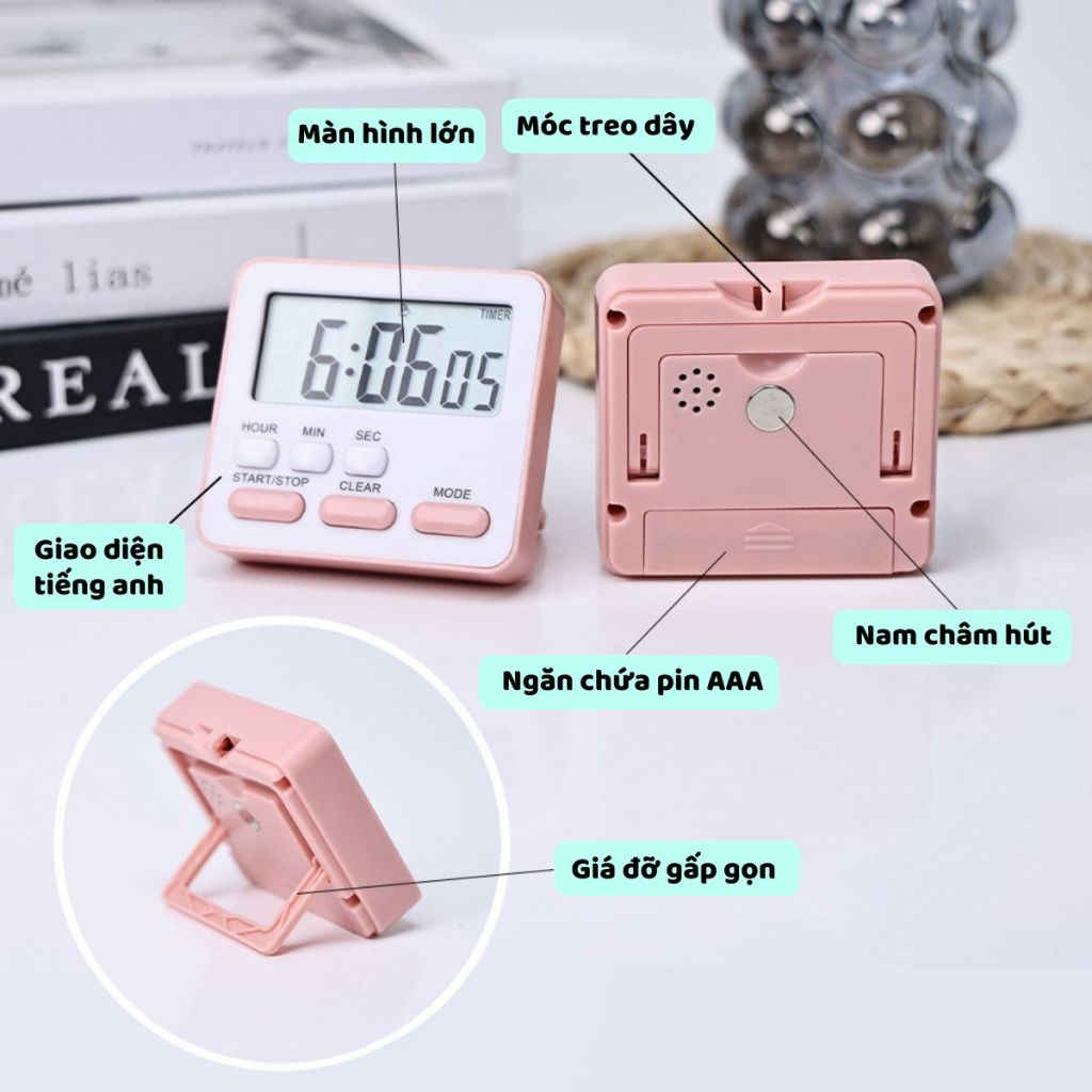 Đồng hồ báo thức để bàn mini Pkbeoshop đồng hồ bấm giờ đếm ngược màu pastel màn hình điện tử LCD ZK-2206