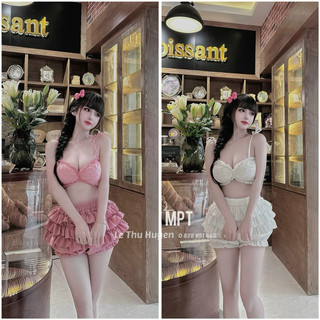 Set áo ren 2 dây mix chân váy bèo tầng siu xinh