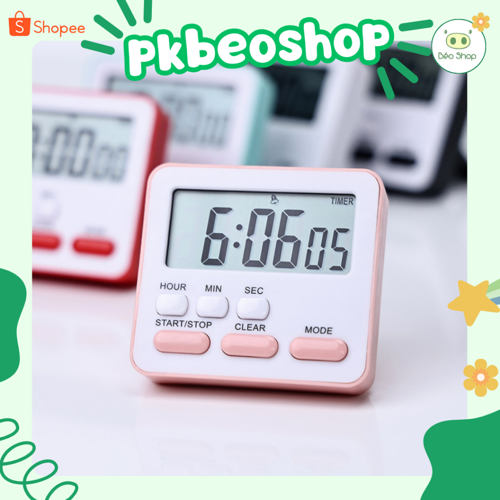Đồng hồ báo thức để bàn mini Pkbeoshop đồng hồ bấm giờ đếm ngược màu pastel màn hình điện tử LCD ZK-2206