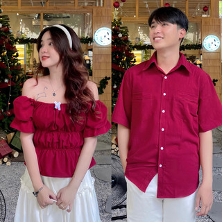 Cặp Áo Đôi Nam Nữ Cùng Người Yêu Áo Sơ Mi Và Áo Trễ Vai Kết Hợp Váy Nhún Nơ 4 Tầng Chất Vải Đũi Mát Đi Du Lịch Hanestore