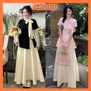 Set áo thun tăm xẻ tà kèm dây nơ + chân váy voan dáng dài 2 lớp, Set bộ đồ nữ nàng thơ tiểu thư HB678