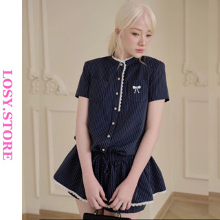  Váy Jum Kẻ Cổ Tàu Phối Viền Ren Hoạ Tiết Nơ Chun Eo Tiểu Thư LOSY.STORE 