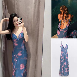 Đầm lụa cổ đổ khoét lưng suông mềm Zara xuất